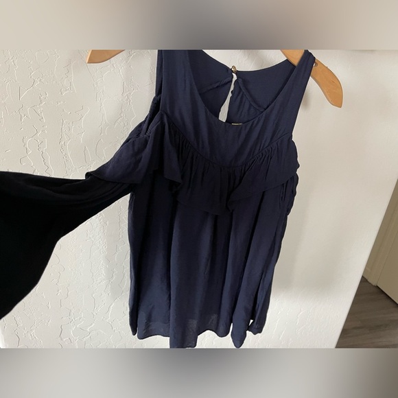 Anthropologie Maeve| Navy Cold Shoulder Ruffle Blouse with Gold Buttons••• - Picture 11 of 12